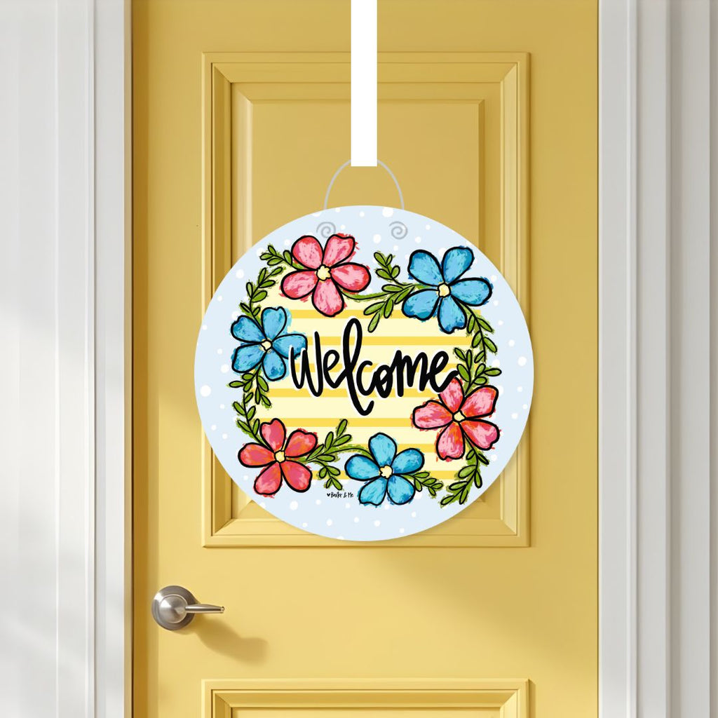 Welcome Sunny Stripe Blooms Door Hanger