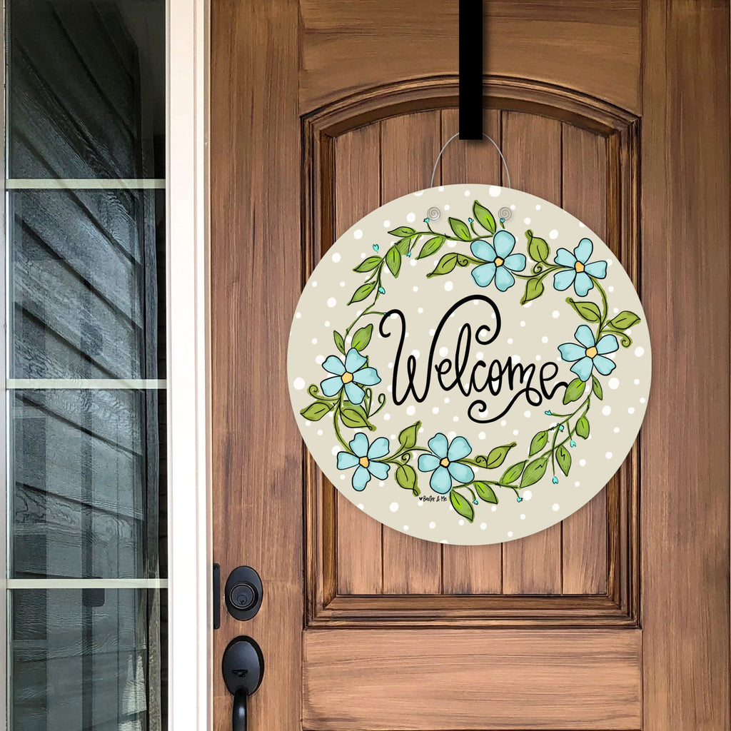 Welcome Whimsical Blue Flowers Door Hanger