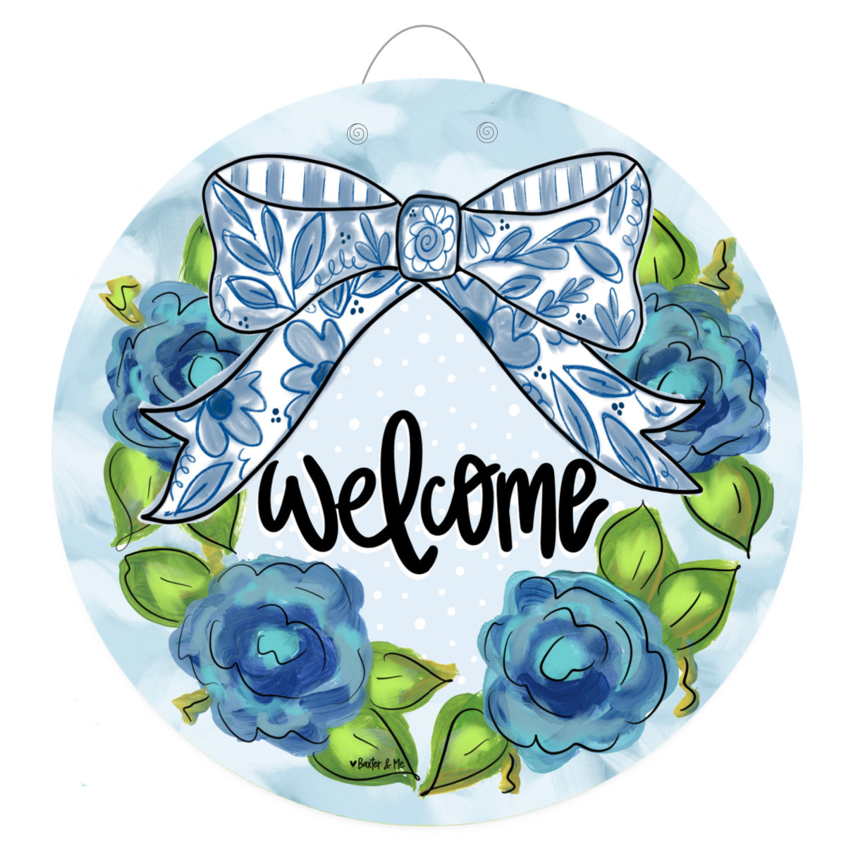 Blue Willow Bow Welcome Door Hanger