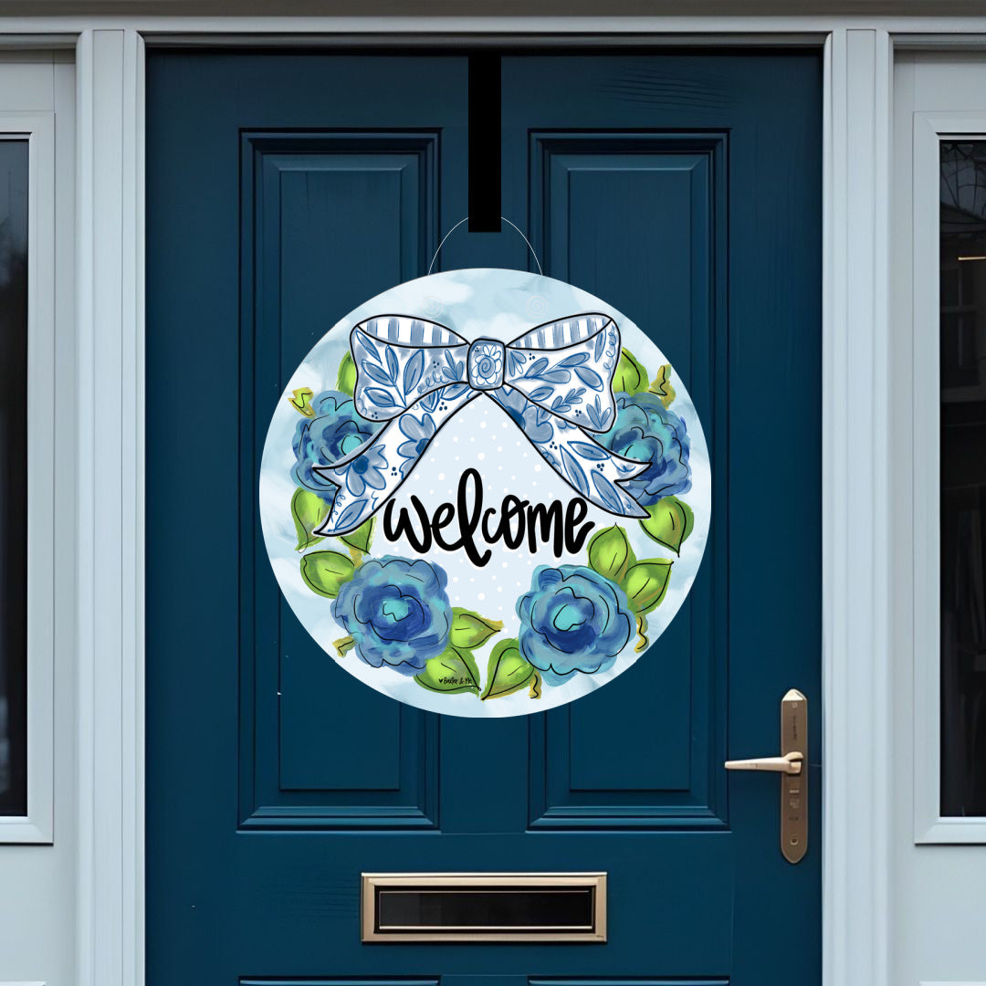 Blue Willow Bow Welcome Door Hanger