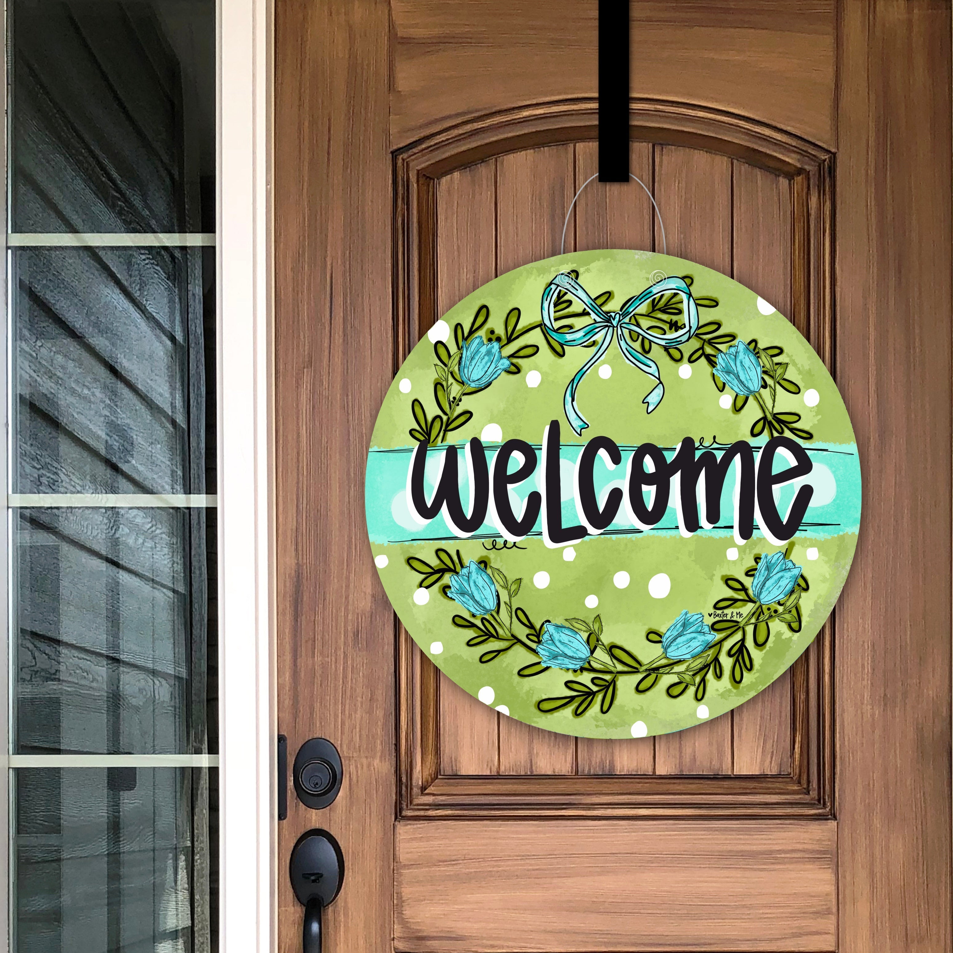 Blue Bow Green Garden Door Hanger