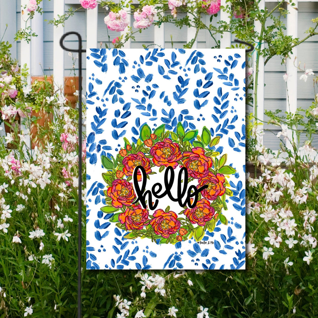 Hello Peony Wreath Garden Flag