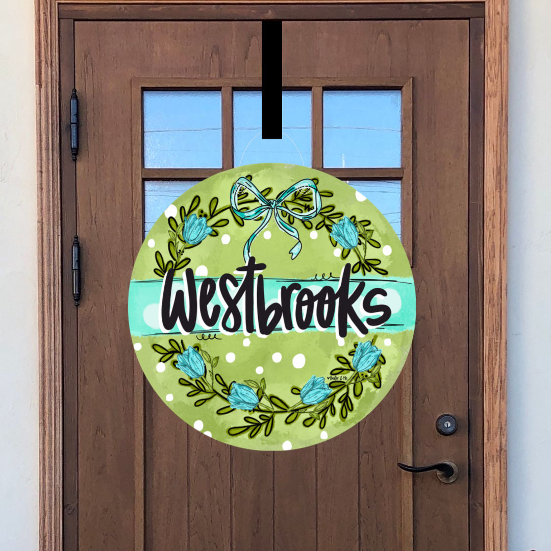 Blue Bow Green Garden Door Hanger