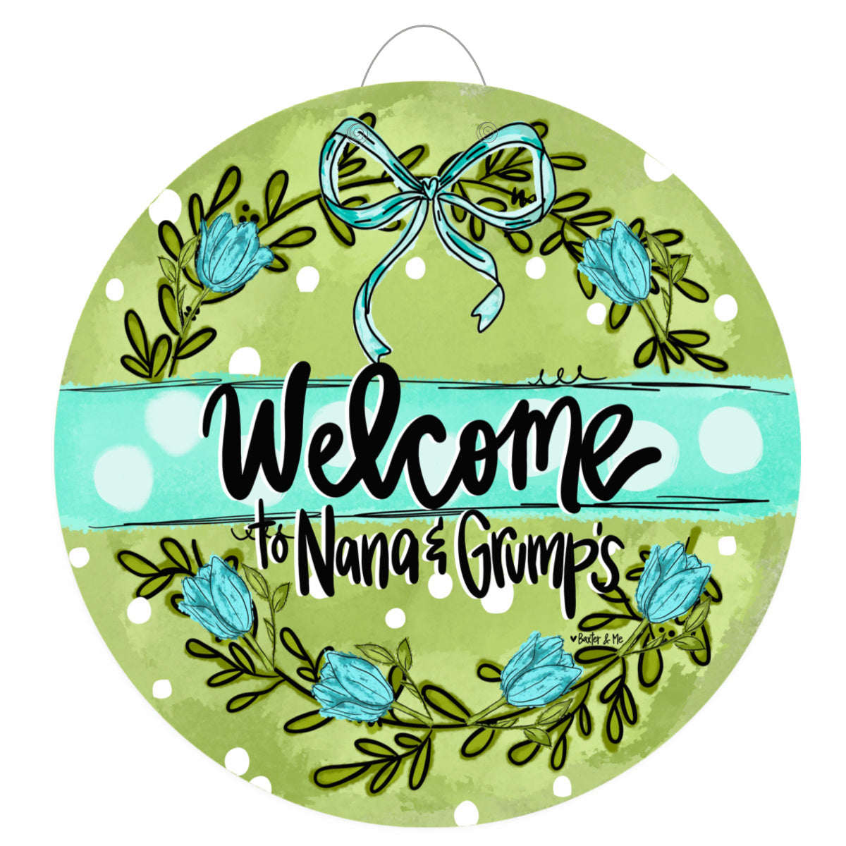 Blue Bow Green Garden Door Hanger