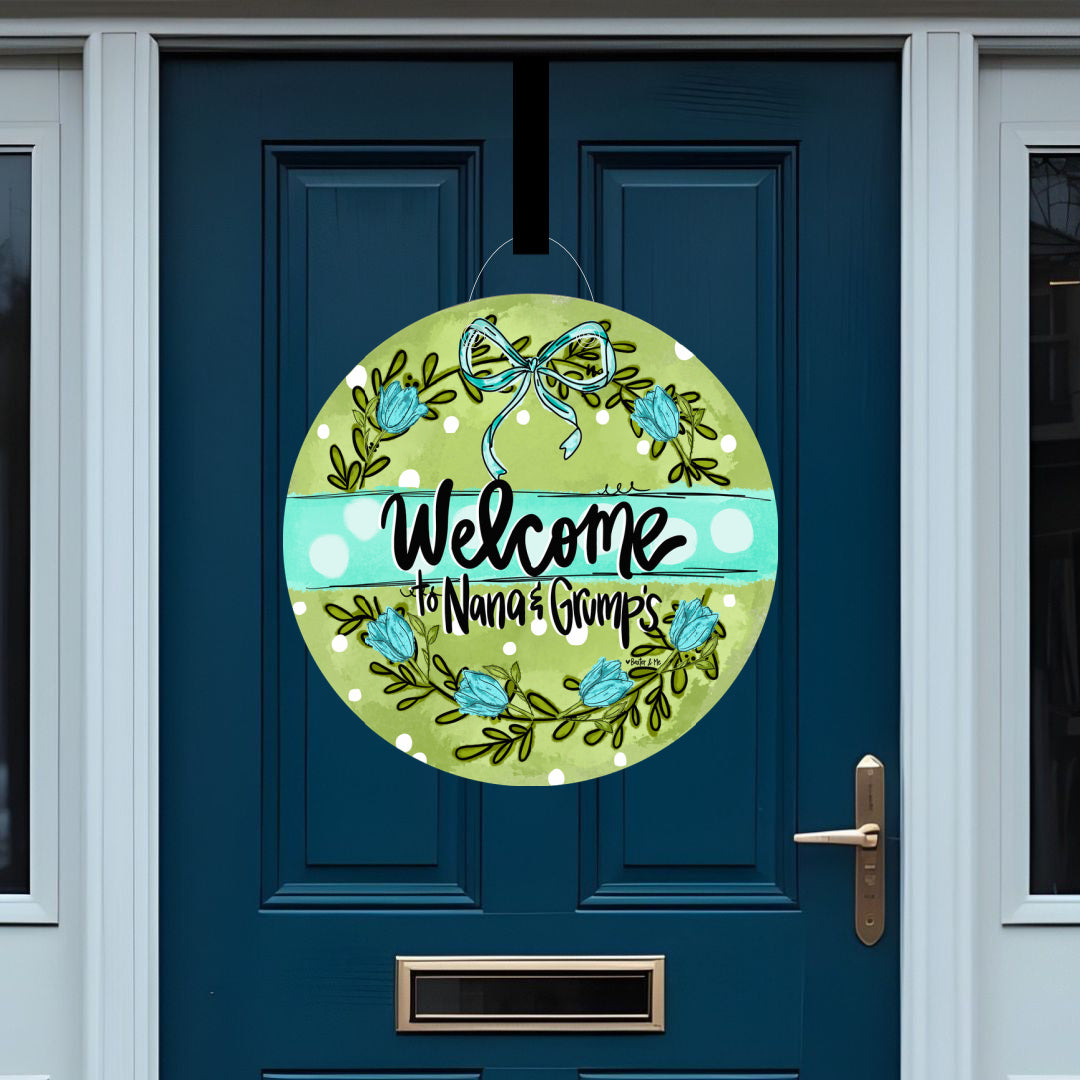 Blue Bow Green Garden Door Hanger